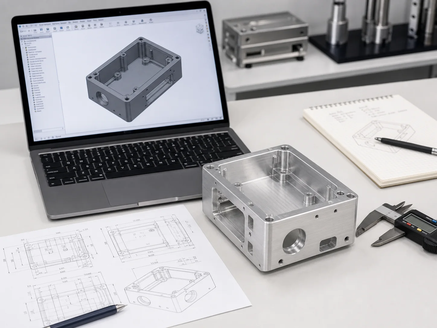 Engineering drawing, CAD model and manufactured parts for design for manufacturing review
