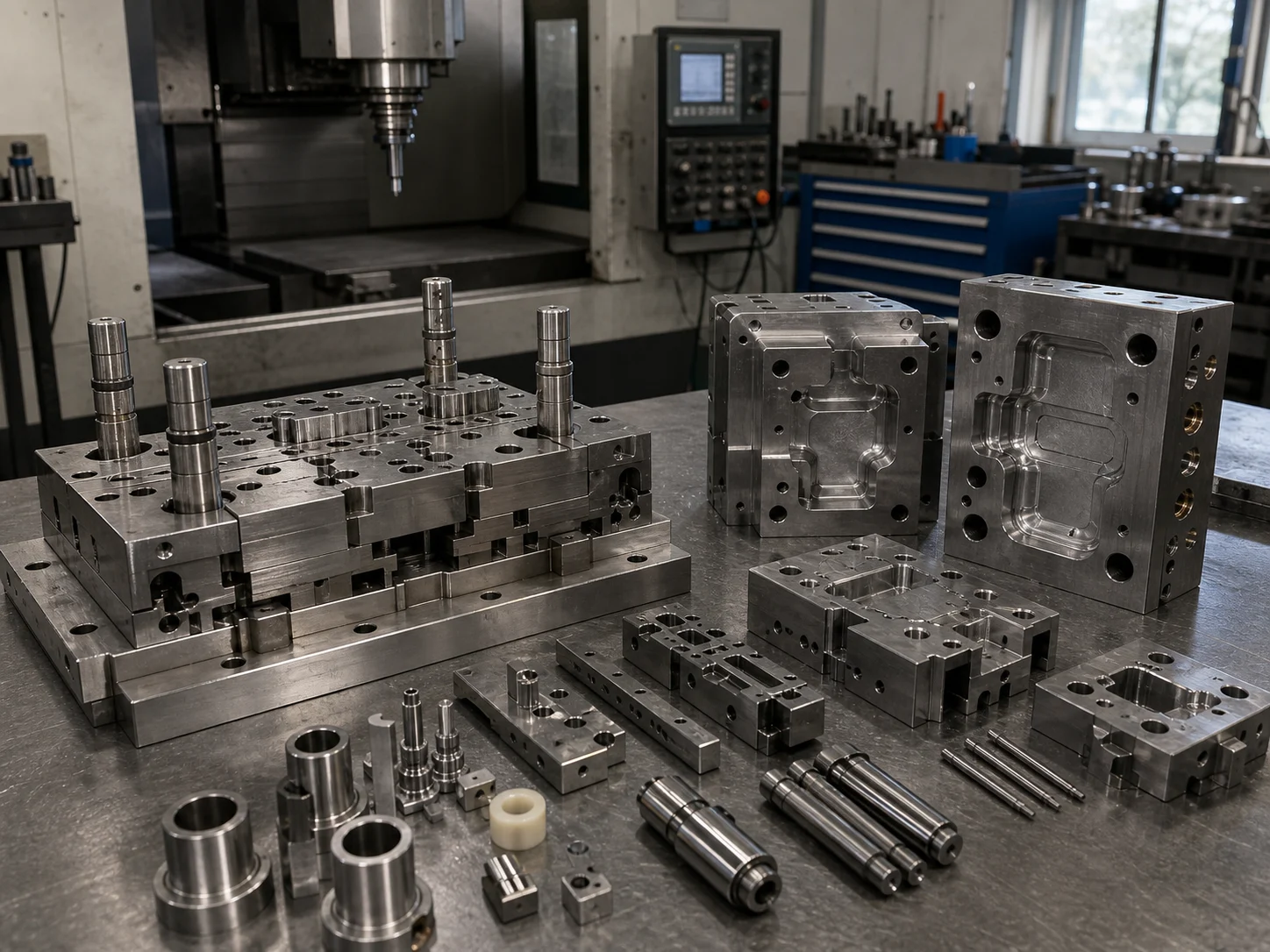 Mold manufacturing workshop with mold base inserts and tooling components