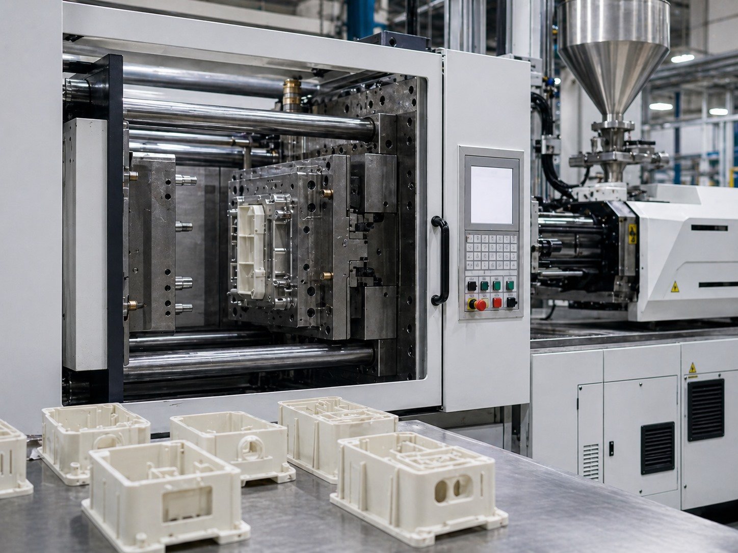 Plastic injection molding machine running an OEM production process