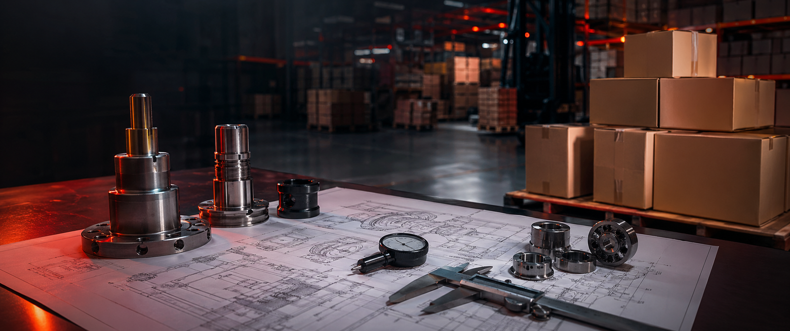 Engineering drawings and finished OEM parts in a production planning scene