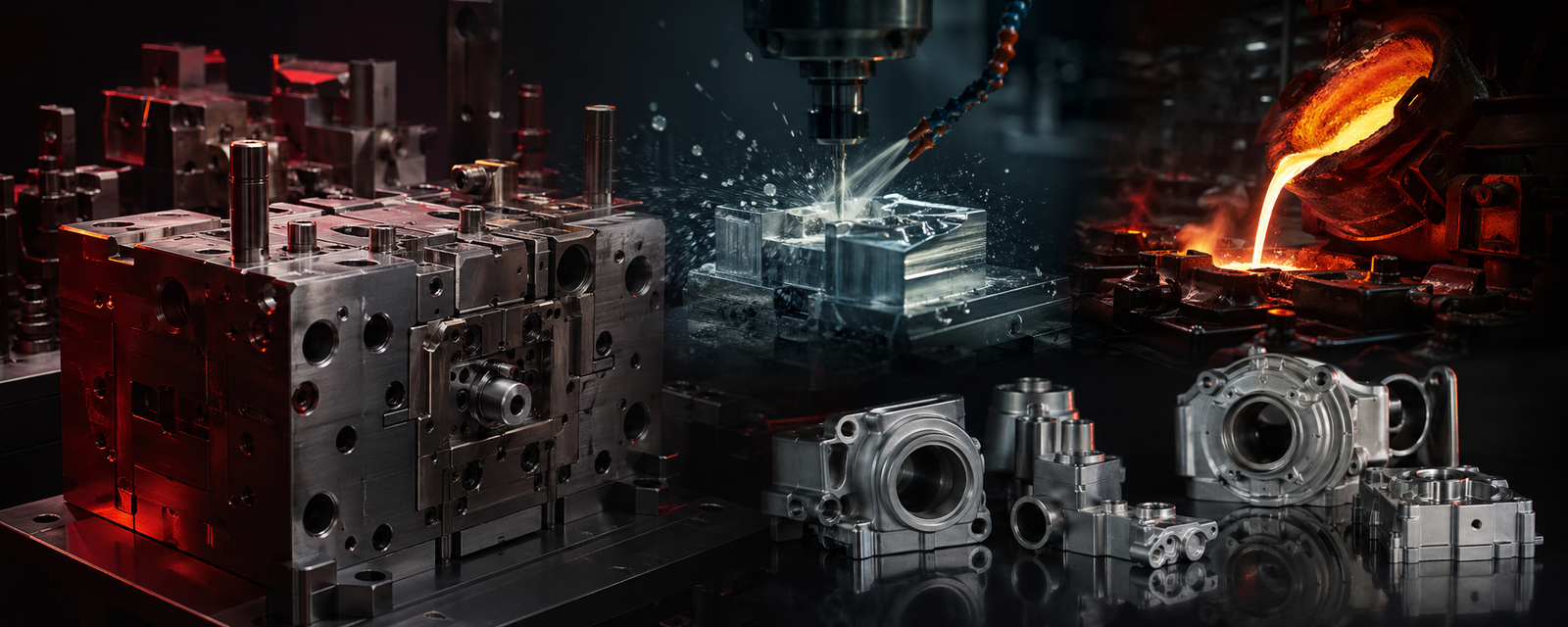 Precision tooling, CNC machining, die casting, and finished OEM metal parts in a premium industrial scene