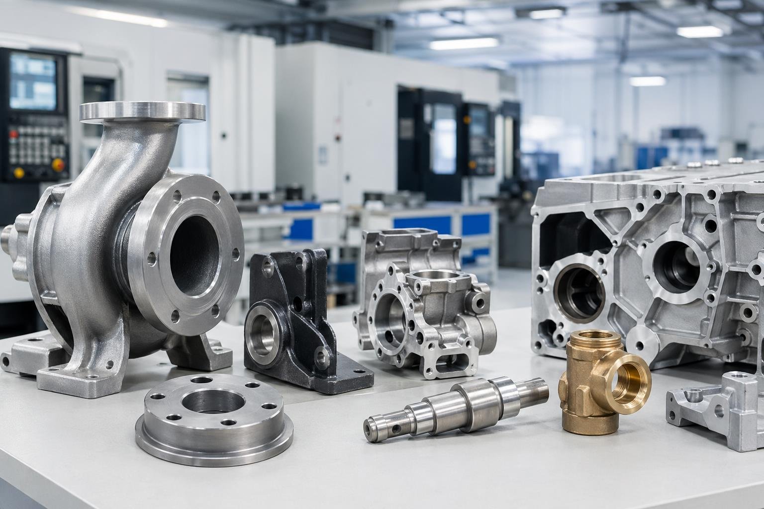 Industrial pump parts, valve bodies, machine brackets, and machined cast components in a bright factory setting