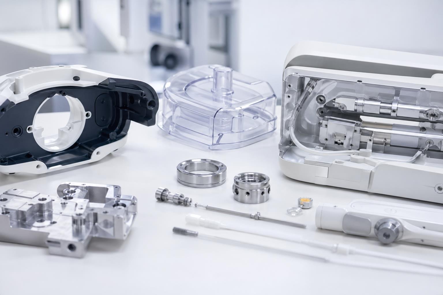Medical device housings, instruments, and precision OEM components on a sterile bright workbench