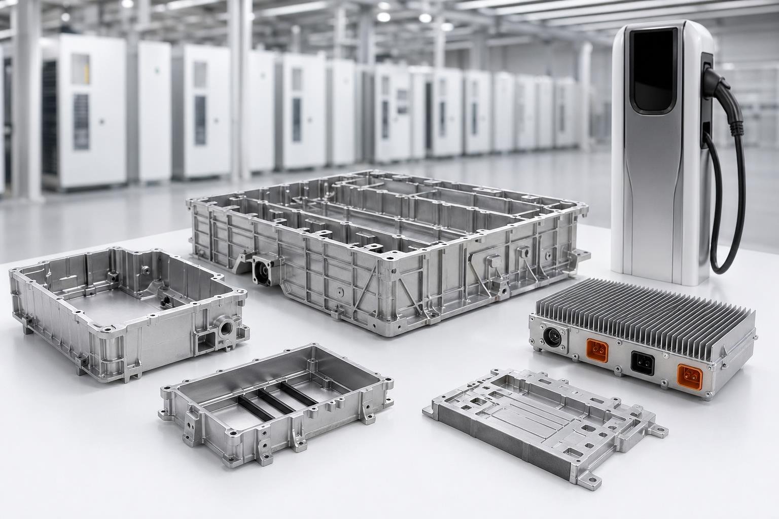 New energy battery housings, heat sink parts, and charging equipment components displayed in a clean industrial lab