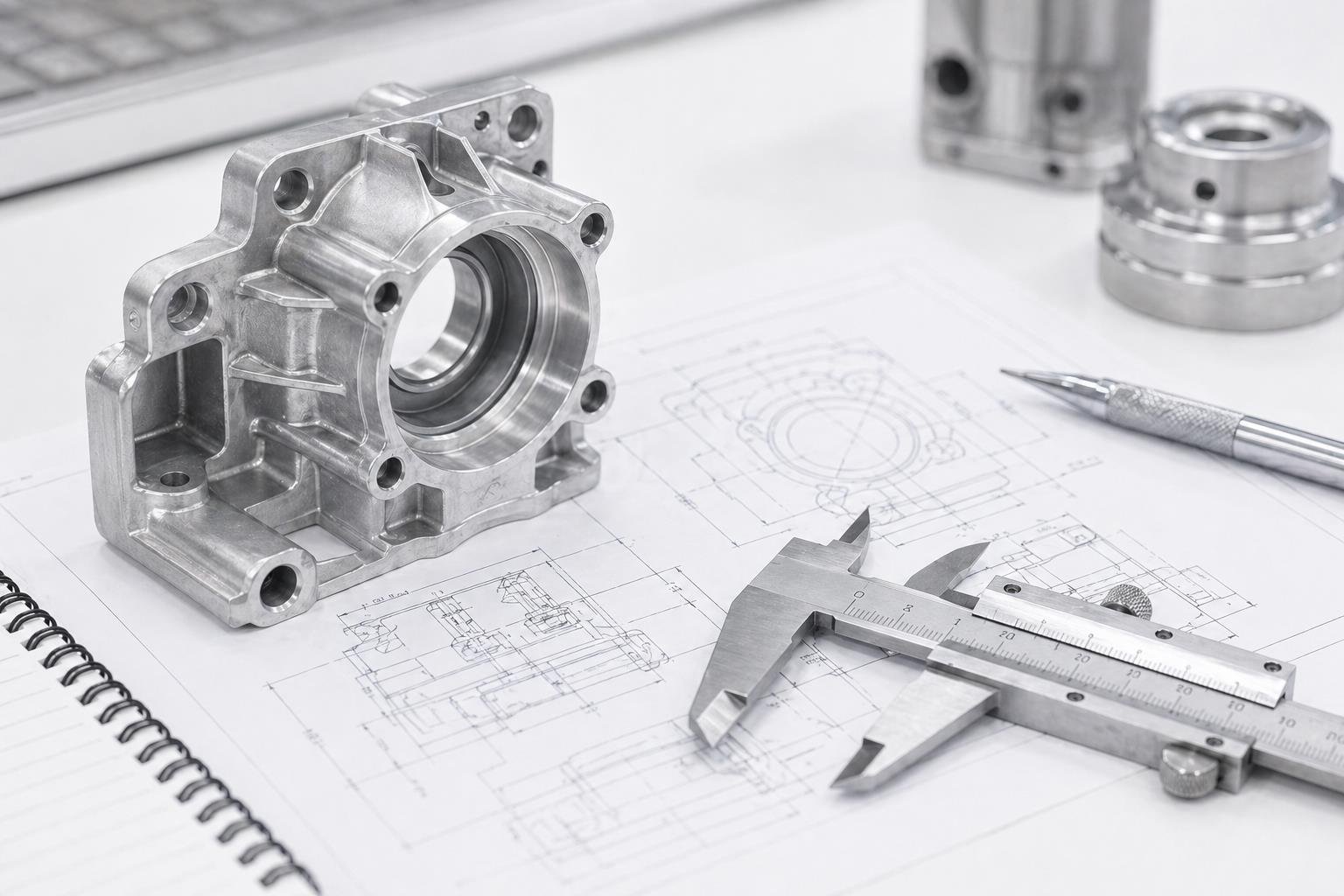 Precision metal part with technical drawing and measuring tools on a clean engineering desk