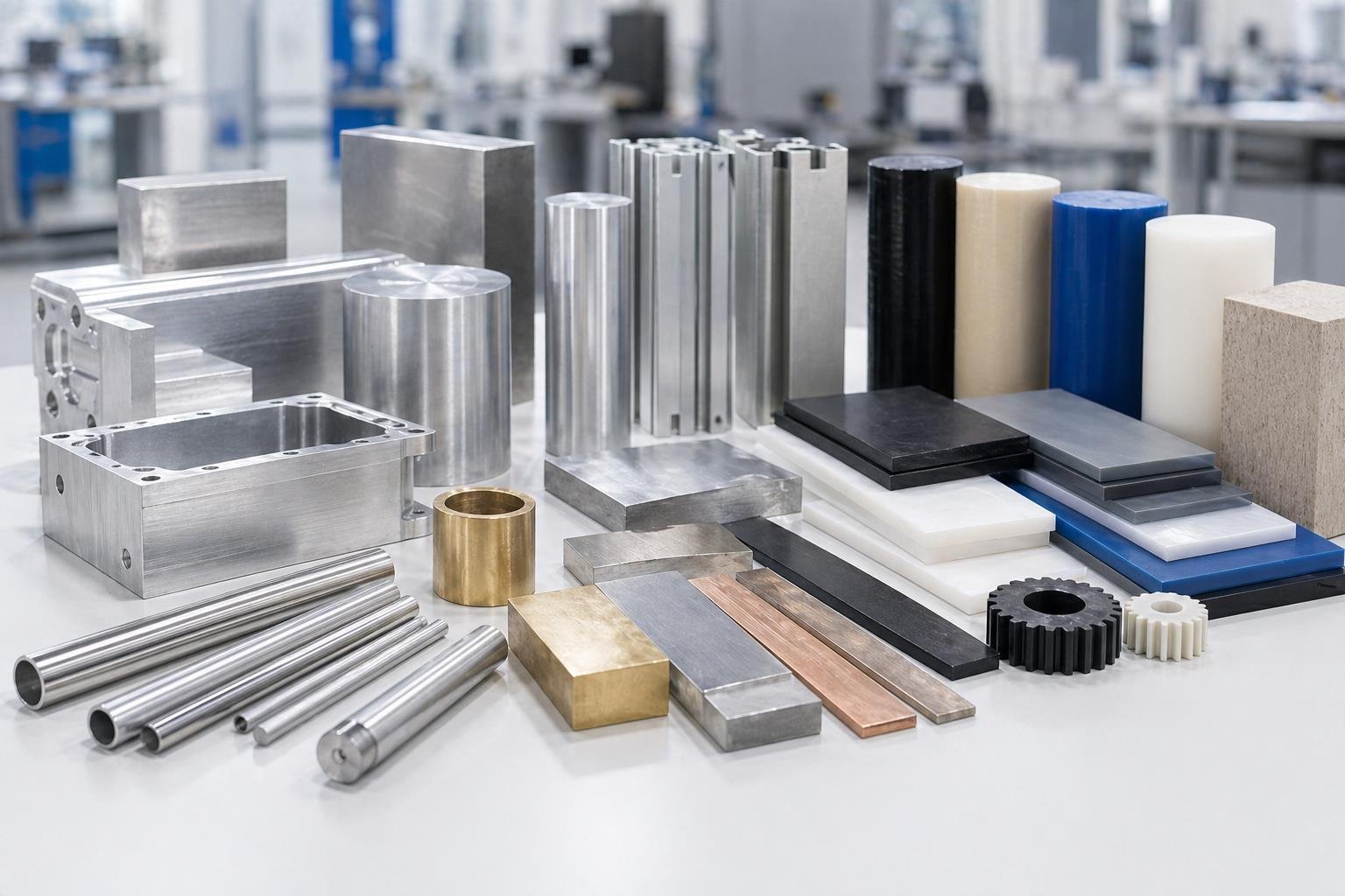 Aluminum, stainless steel, brass, and engineering plastic material samples on a bright industrial table