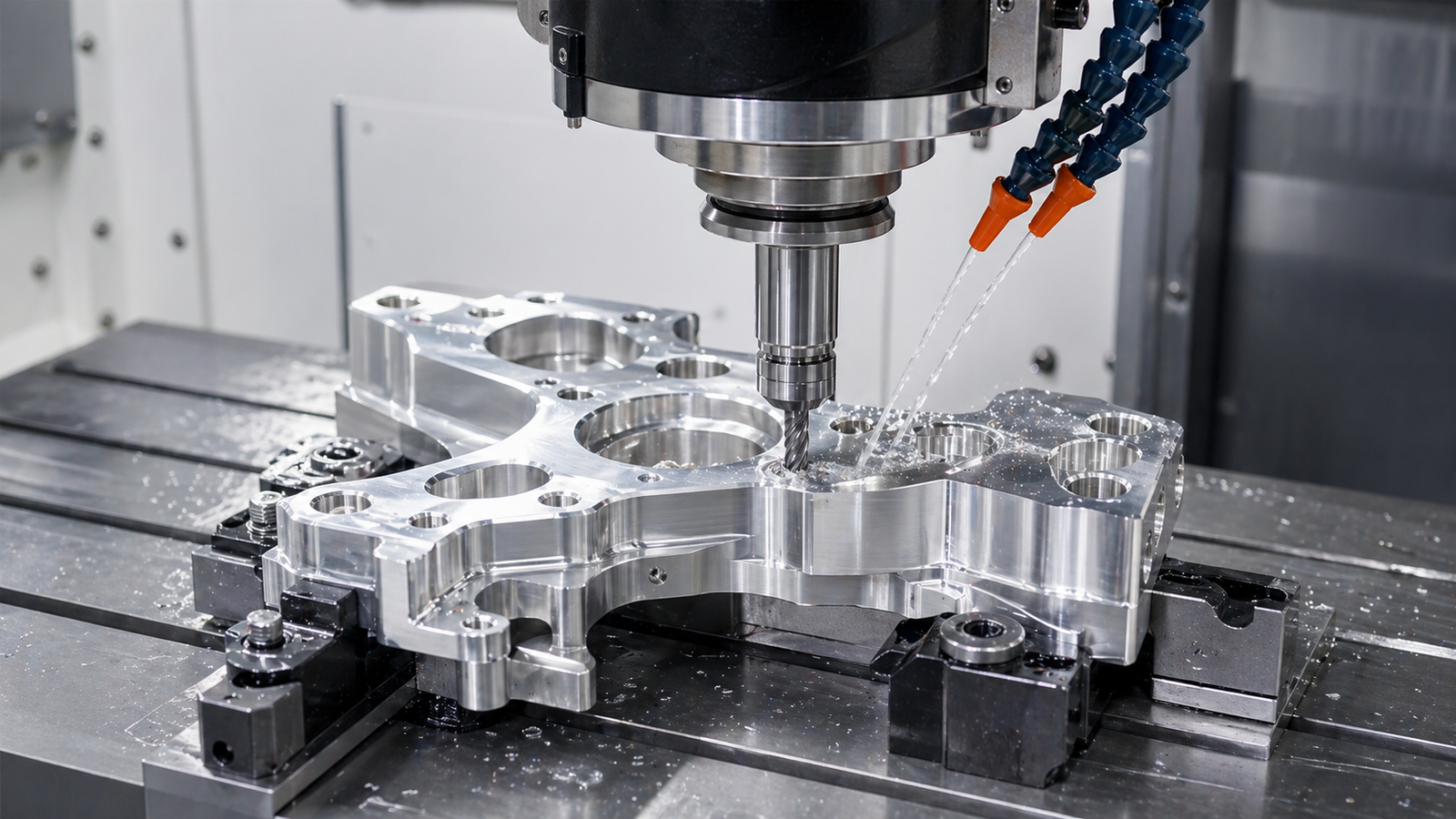 CNC machine cutting an aluminum component under clean industrial lighting