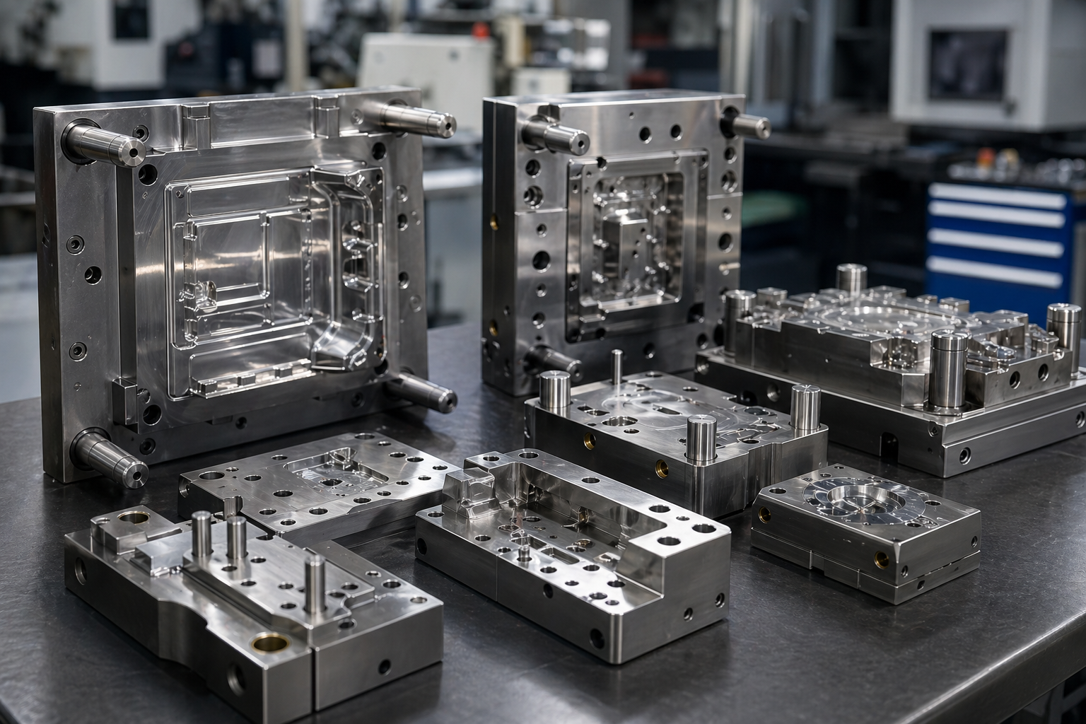 Precision mold tooling being manufactured in an industrial workshop