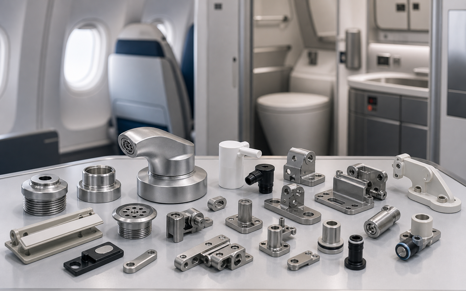 Aircraft cabin interior and lavatory hardware with machined fittings and nozzles