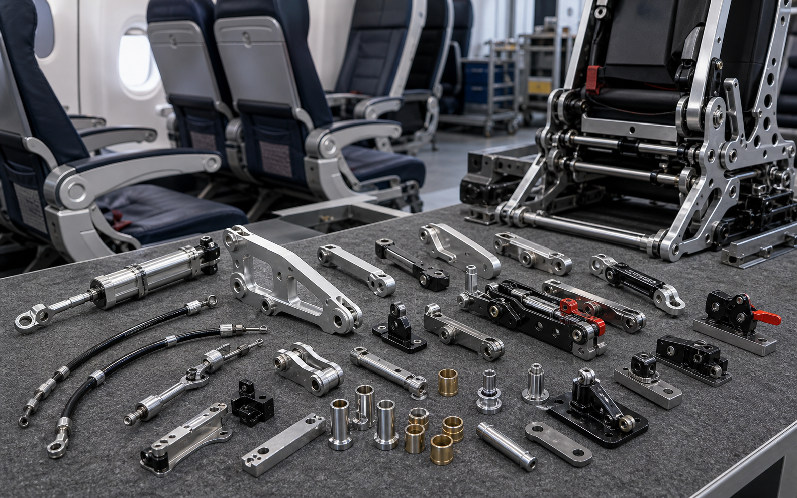 Aircraft MRO and cabin refurbishment parts organized for seat mechanism repair